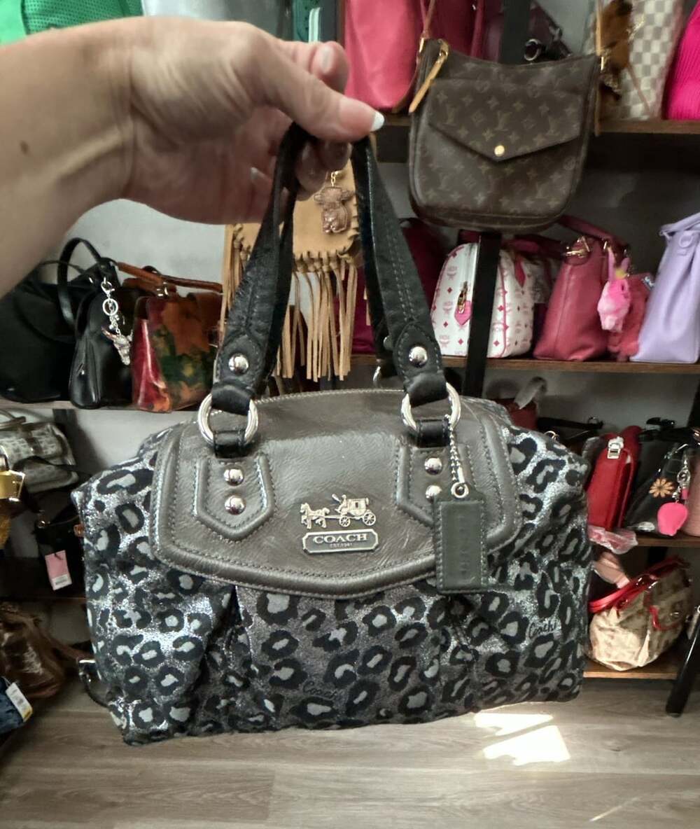 Coach Metallic Ocelot Leopard Madison Satchel Handbag Silver Black